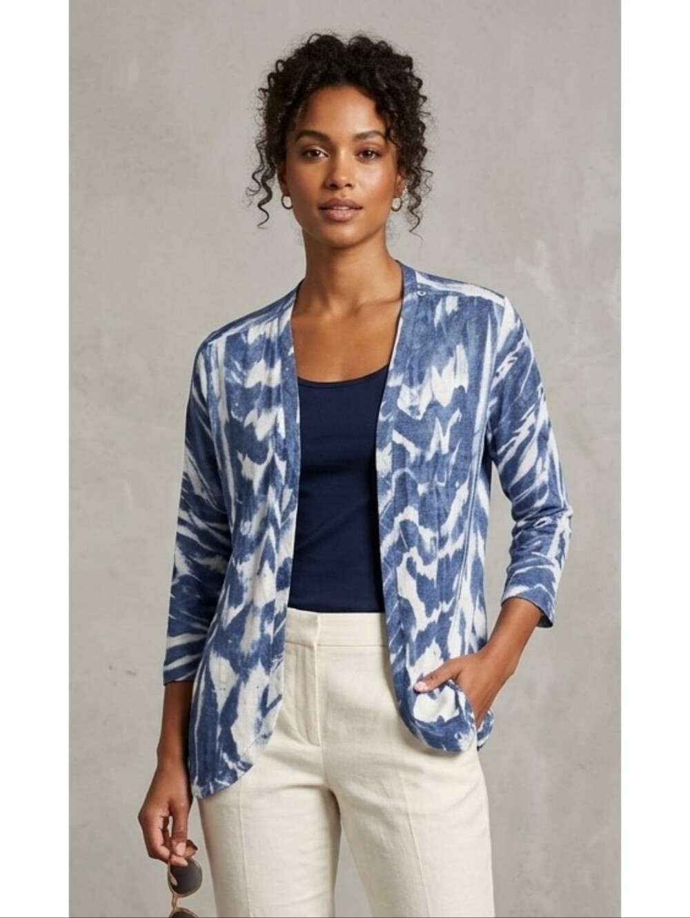 Chico's Shimmer Flyaway 3/4 Sleeve Cardigan Jacket Blue & White Size S